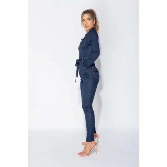 Blue Denim Jeans Long Sleeve Belted Bodycon Jumpsuit Playsuit - Picture 3 of 13